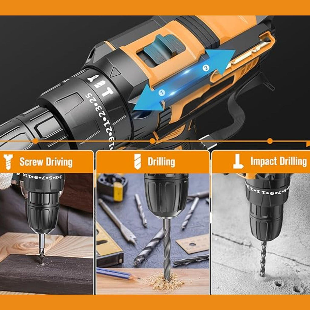 21V Cordless Impact Electric Drill Kit - 35nm Torque - Dual Battery - Black - Yellow