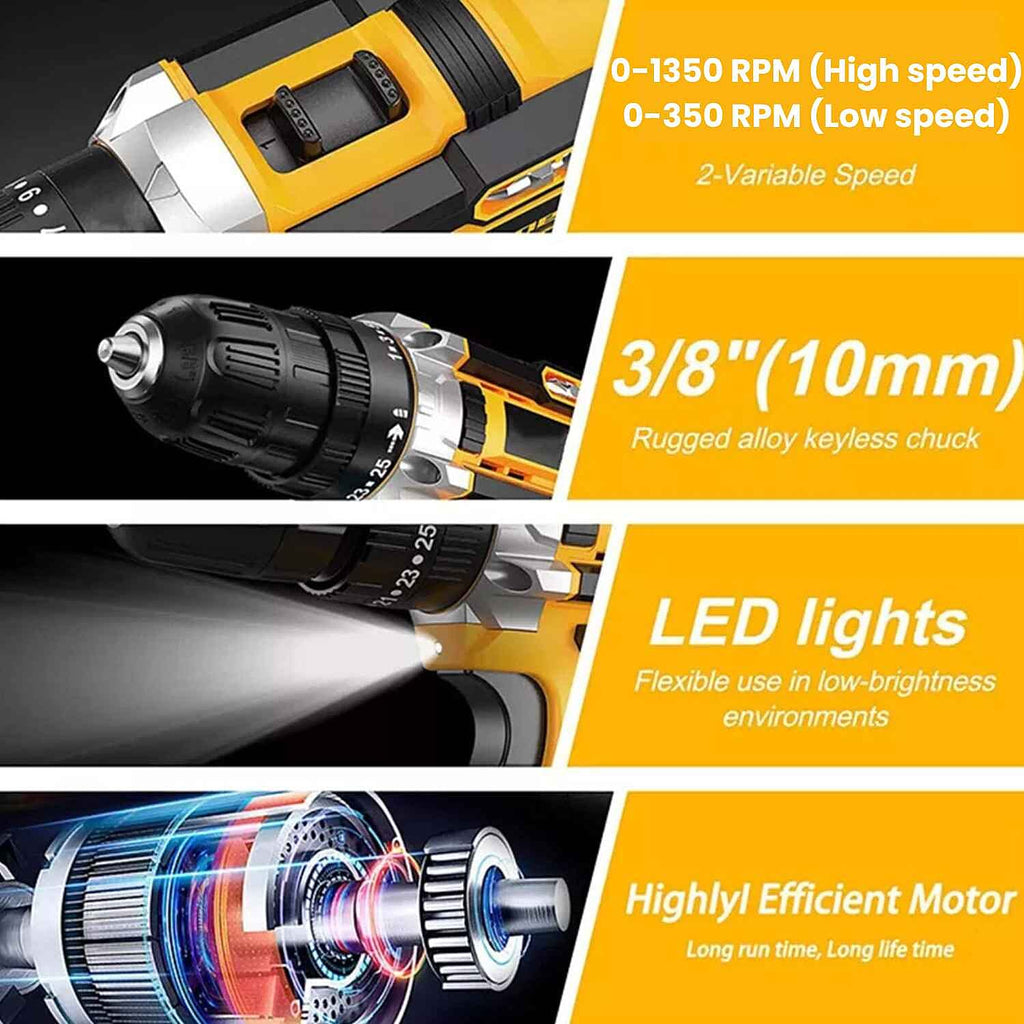 21V Cordless Impact Electric Drill Kit - 35nm Torque - Dual Battery - Black - Yellow