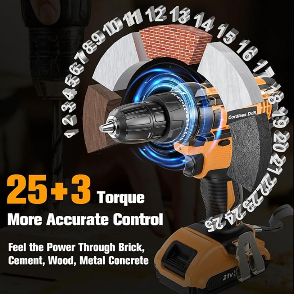 21V Cordless Impact Electric Drill Kit - 35nm Torque - Dual Battery - Black - Yellow