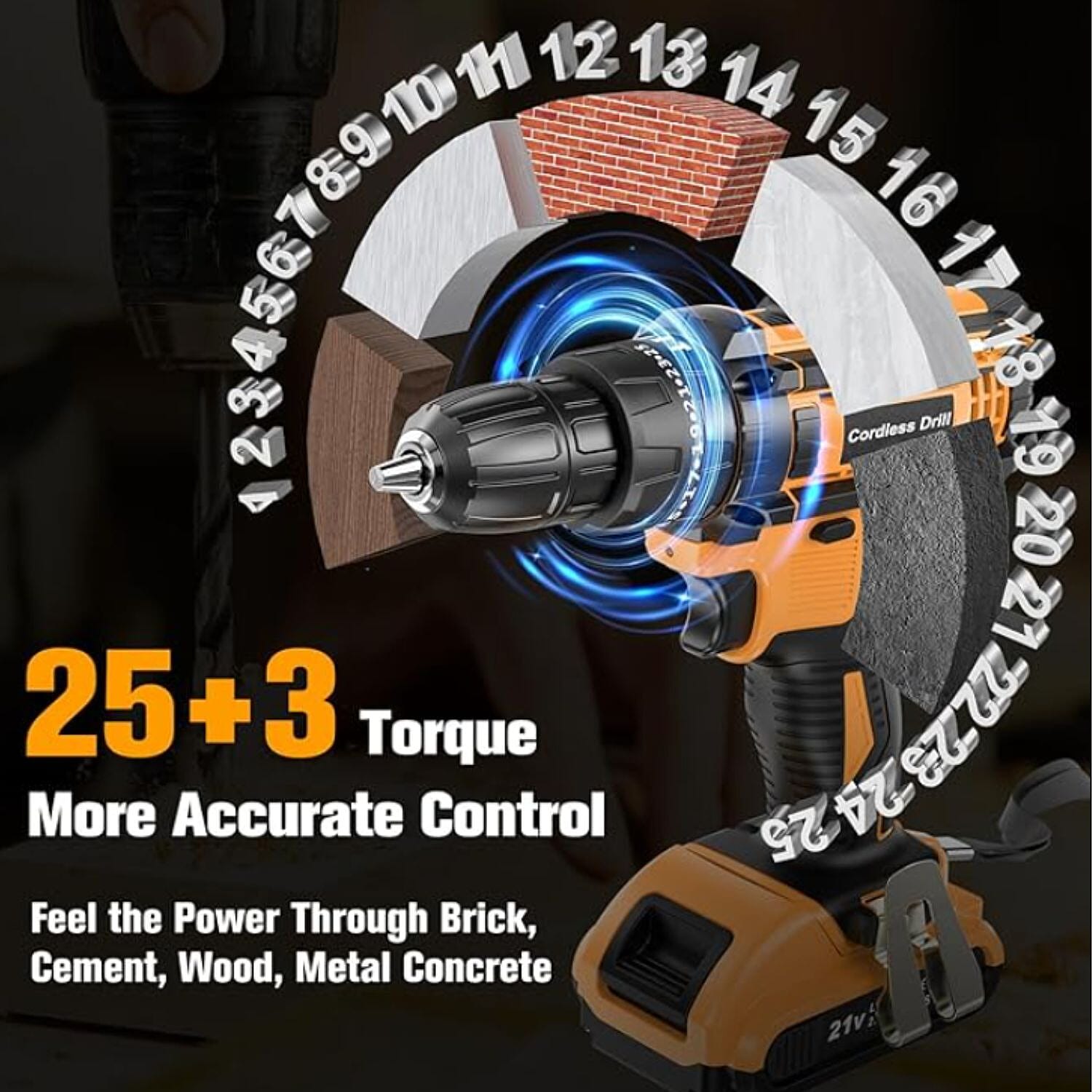 21V Cordless Impact Electric Drill Kit - 35nm Torque - Dual Battery - Black - Yellow
