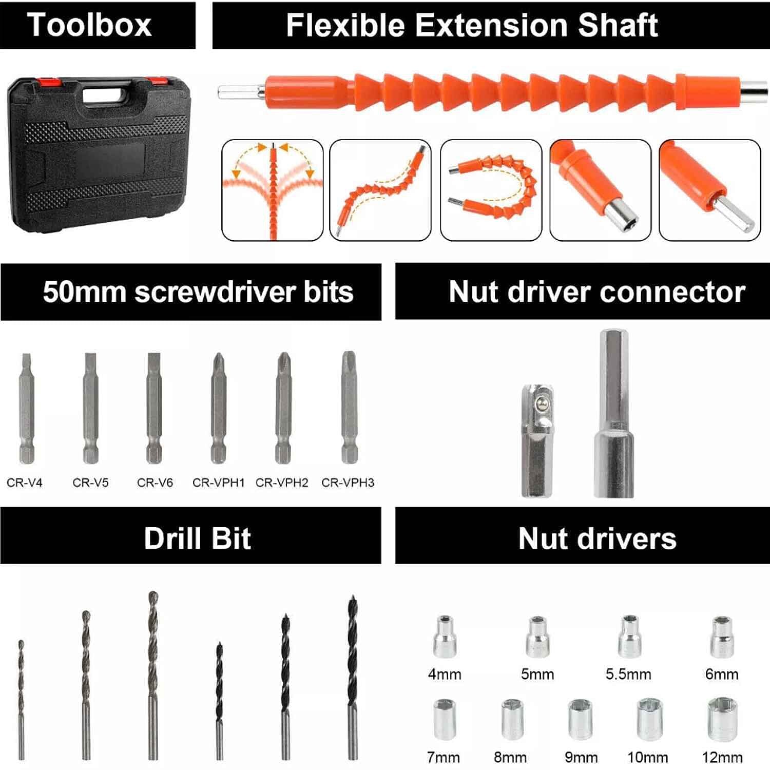 21V Cordless Impact Electric Drill Kit - 35nm Torque - Dual Battery - Black - Yellow