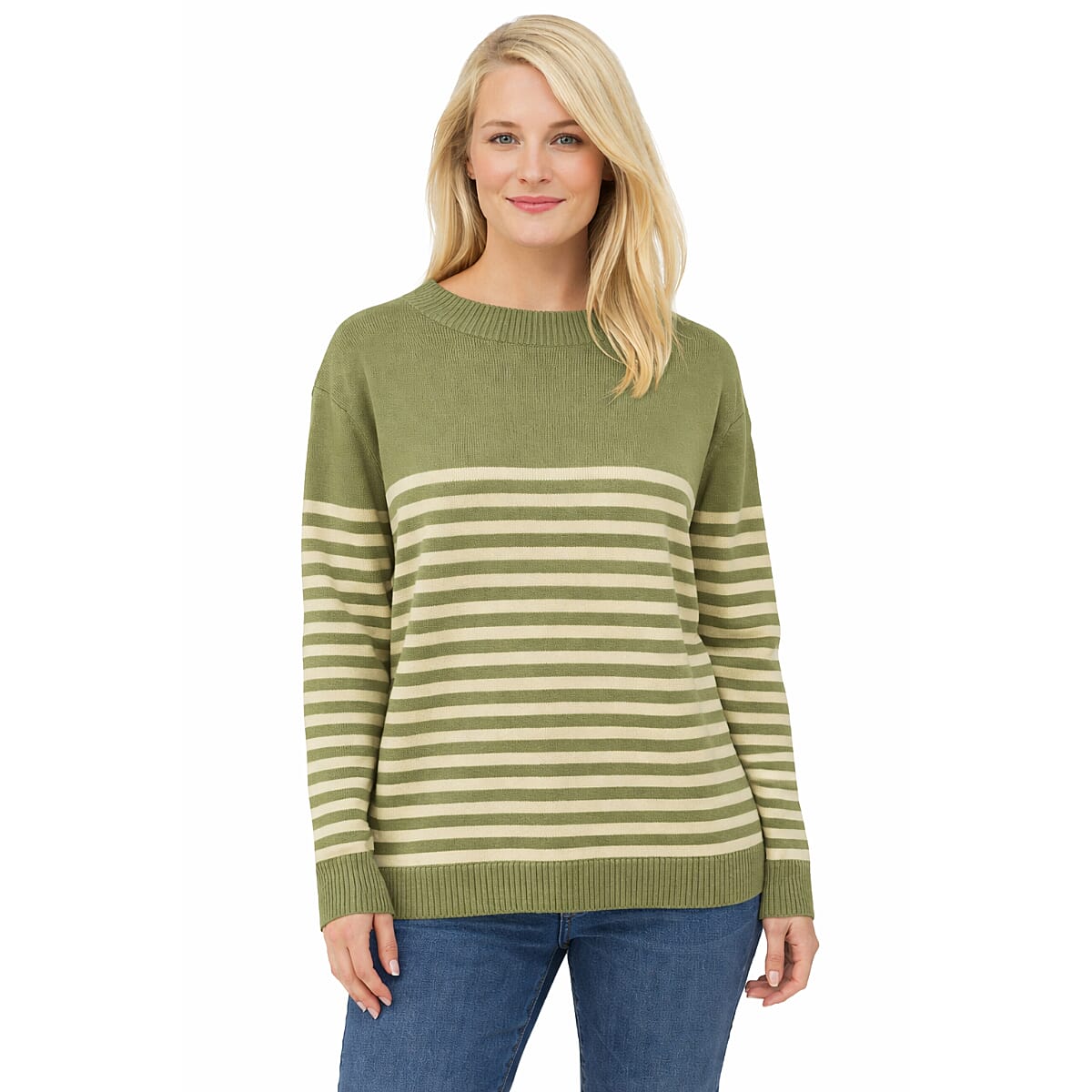 Pure And Natural  Boat Neck  Stripeed Body Jumper (Size 24) - Green
