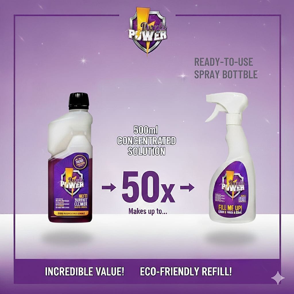 Purple Power All Purpose Cleaning Kit (1 Super Concentrate 500ml - fills up to 50 bottles, 1 Refillable Trigger Spray Bottle, 1 Foam Bottle 500ml)