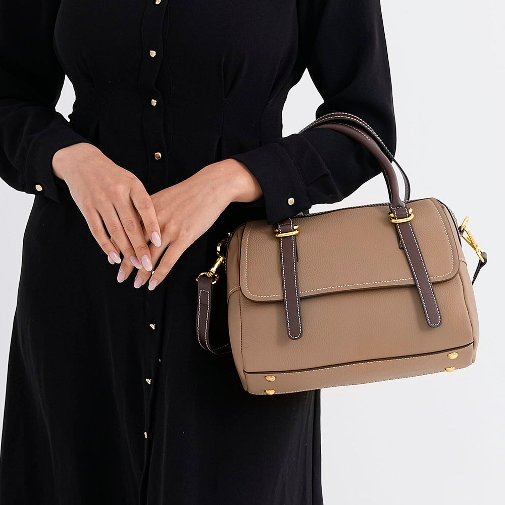100% Geniune Leather Floral Embossed Tote Bag - Taupe