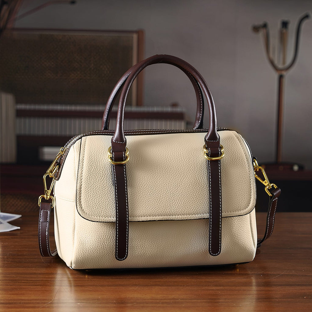 100% Geniune Leather Floral Embossed Tote Bag - Ivory