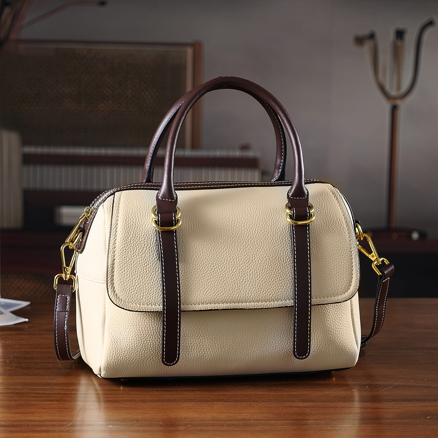 100% Geniune Leather Floral Embossed Tote Bag - Ivory