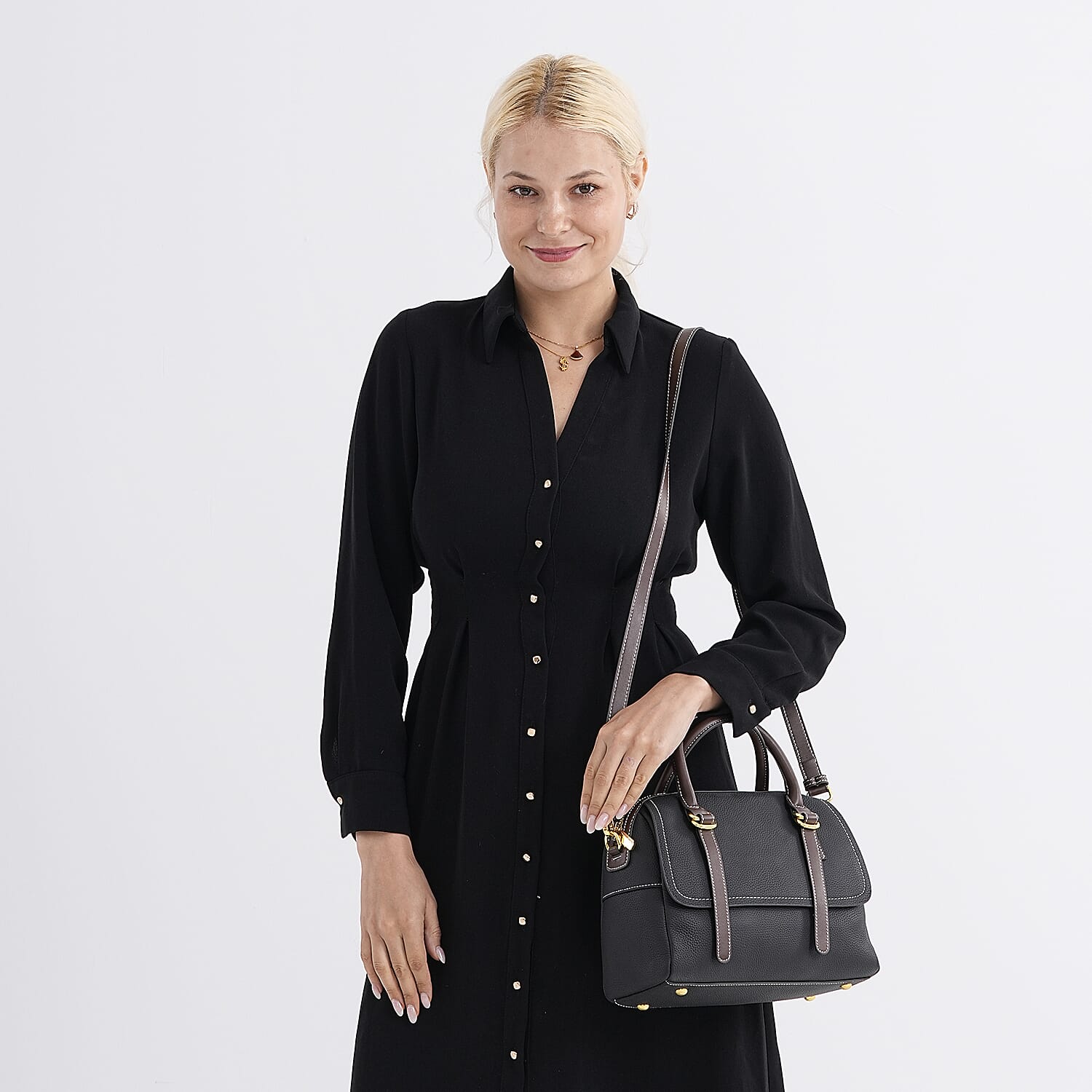 100% Geniune Leather Floral Embossed Tote Bag - Black