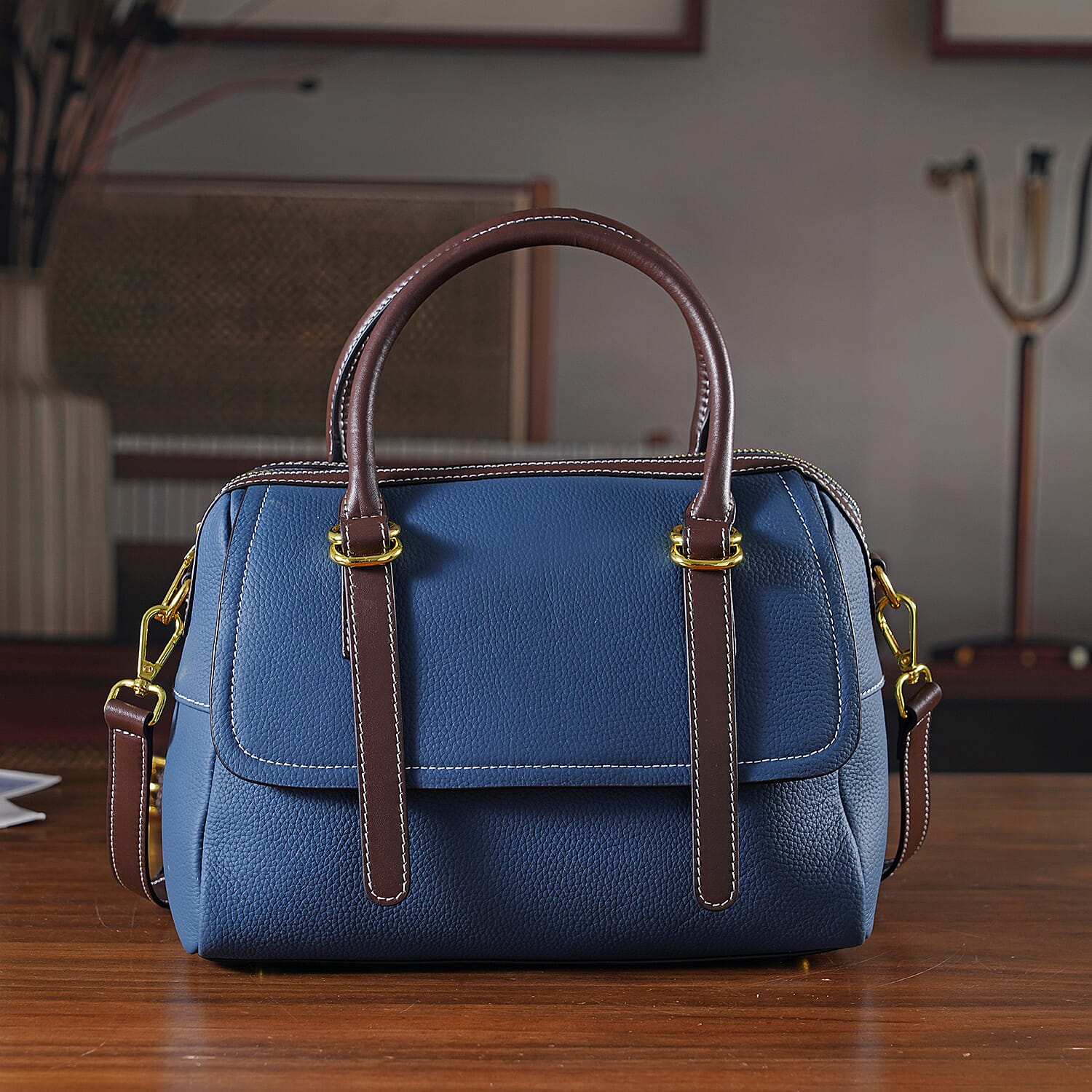 100% Geniune Leather Floral Embossed Tote Bag - Navy