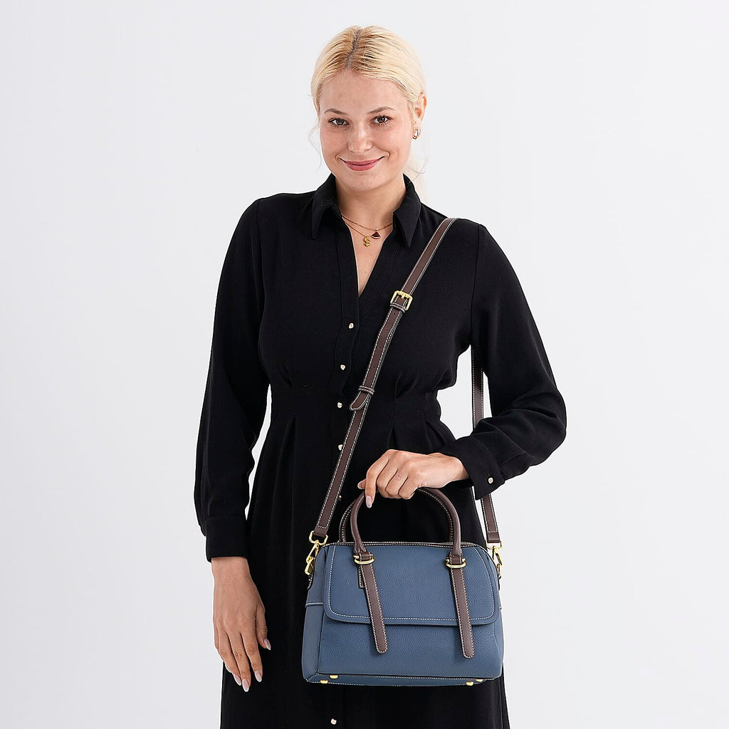 100% Geniune Leather Floral Embossed Tote Bag - Navy