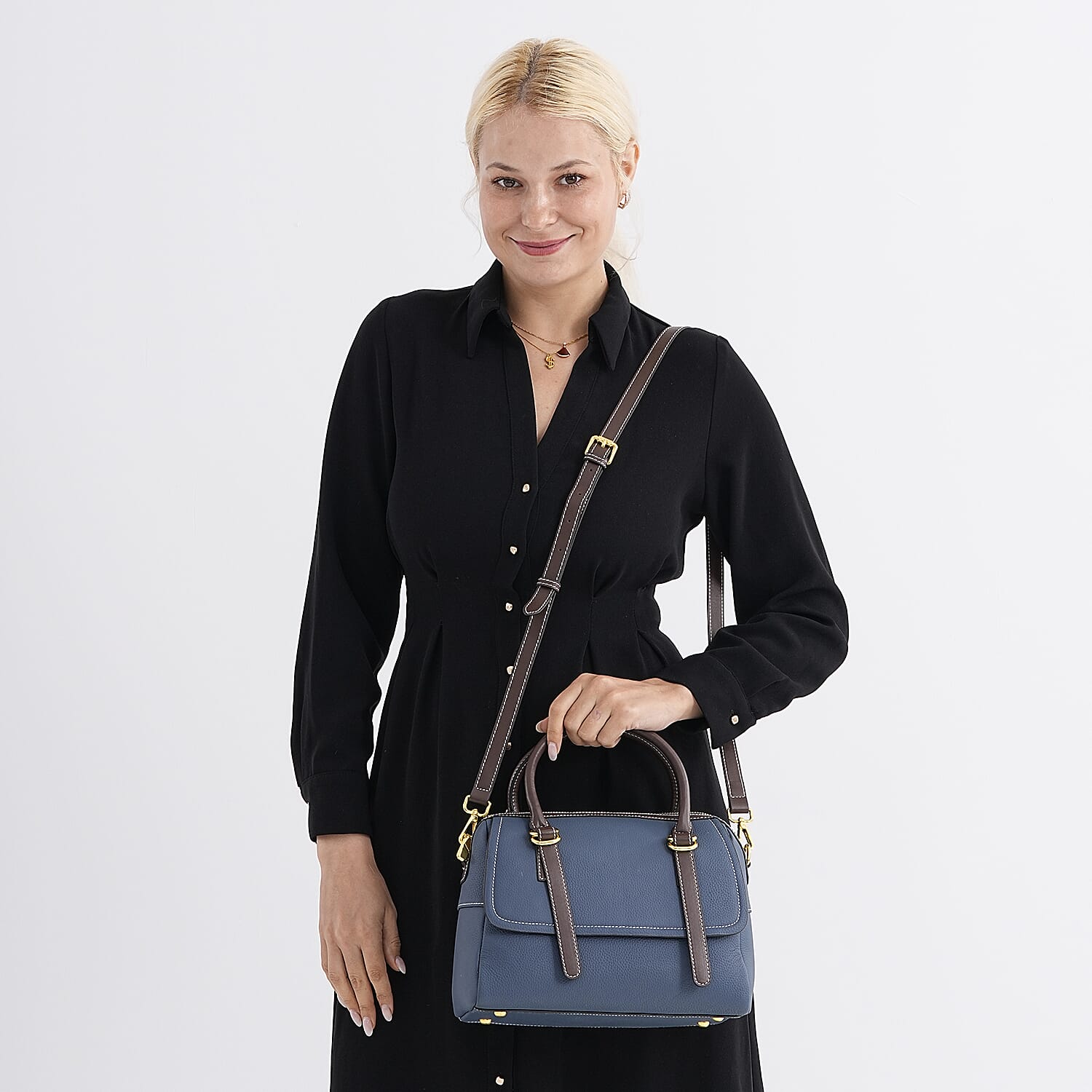 100% Geniune Leather Floral Embossed Tote Bag - Navy