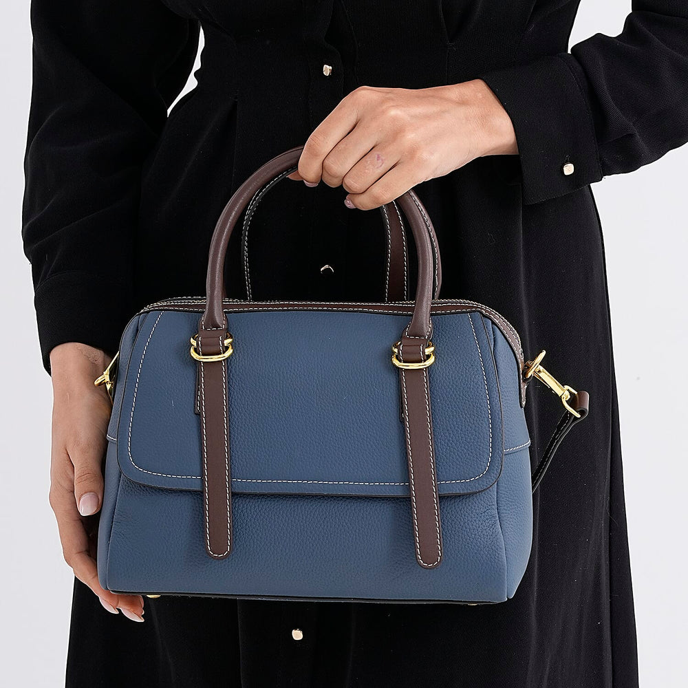 100% Geniune Leather Floral Embossed Tote Bag - Navy