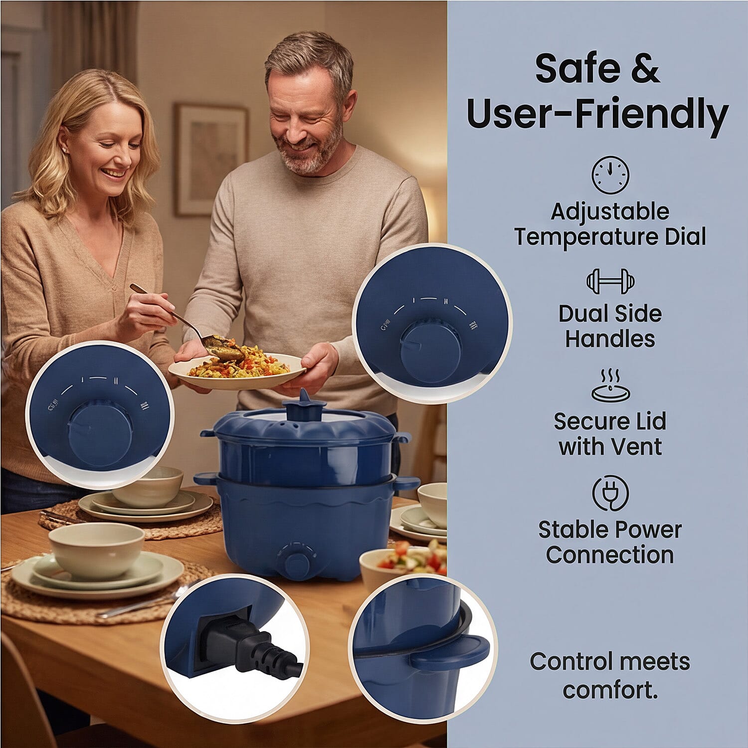 Bliss - Beyond Electric Hot Pot, Frying, Stewing, And Stir-Fry Functions, Adjustable Temperature (2.5 Liters) - Navy