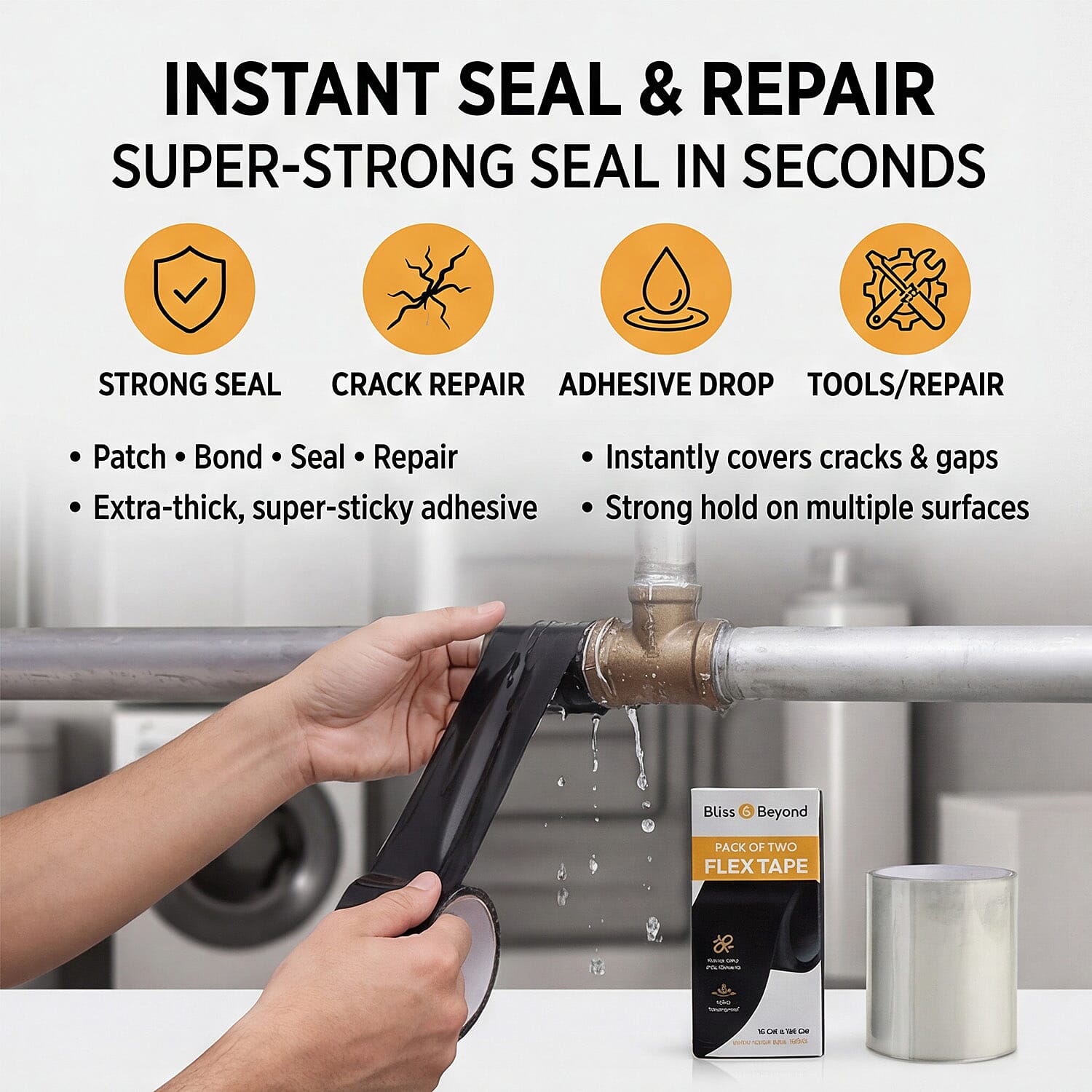 Set of 2 Heavy-Duty Flex Tape Rolls - Black - Transparent