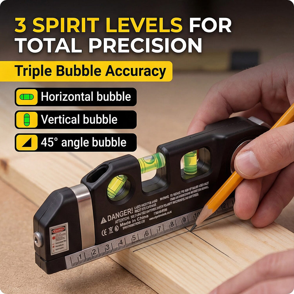 Multipurpose Laser Level Kit - 3 Laser Modes, 3 Bubble Levels, 2.5M Tape, Batteries Included - Black