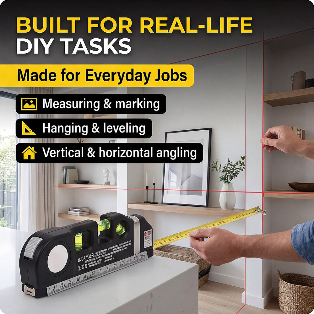 Multipurpose Laser Level Kit - 3 Laser Modes, 3 Bubble Levels, 2.5M Tape, Batteries Included - Black