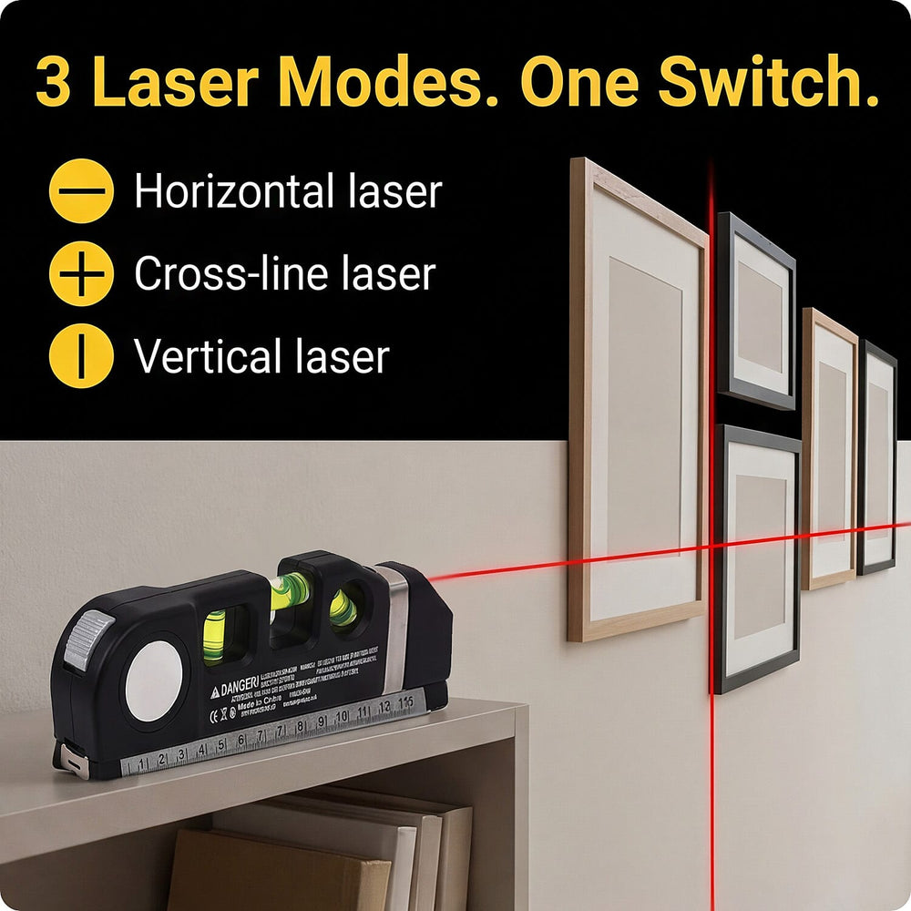 Multipurpose Laser Level Kit - 3 Laser Modes, 3 Bubble Levels, 2.5M Tape, Batteries Included - Black