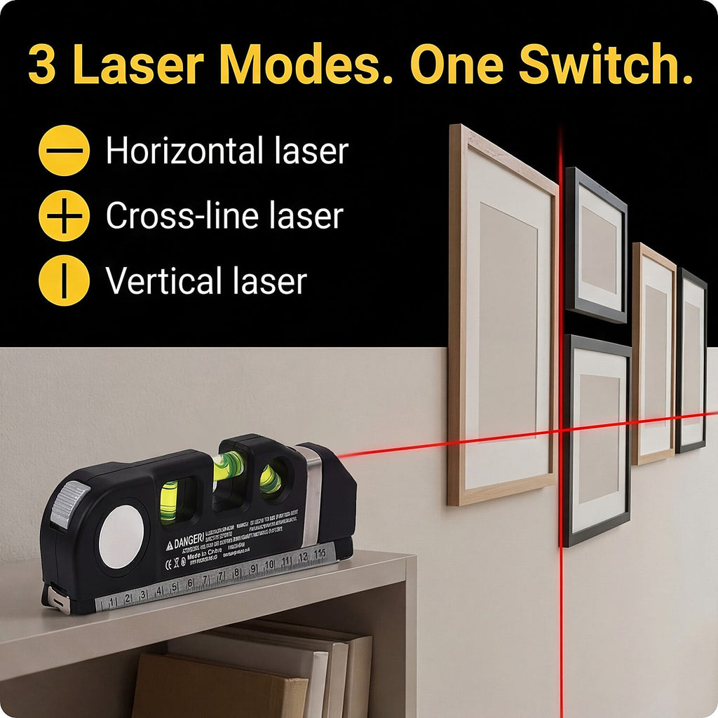 Multipurpose Laser Level Kit - 3 Laser Modes, 3 Bubble Levels, 2.5M Tape, Batteries Included - Black