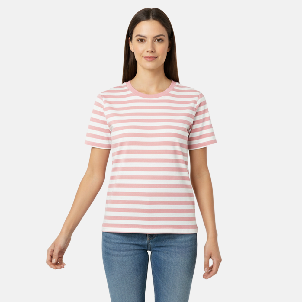 Charlotte West 100% Cotton Striped Jersey Ribbed Neck T-Shirt (Size 18) - Pink_8228826