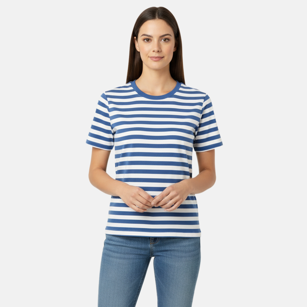 Charlotte West 100% Cotton Striped Jersey Ribbed Neck T-Shirt (Size 16) - Blue_8228832