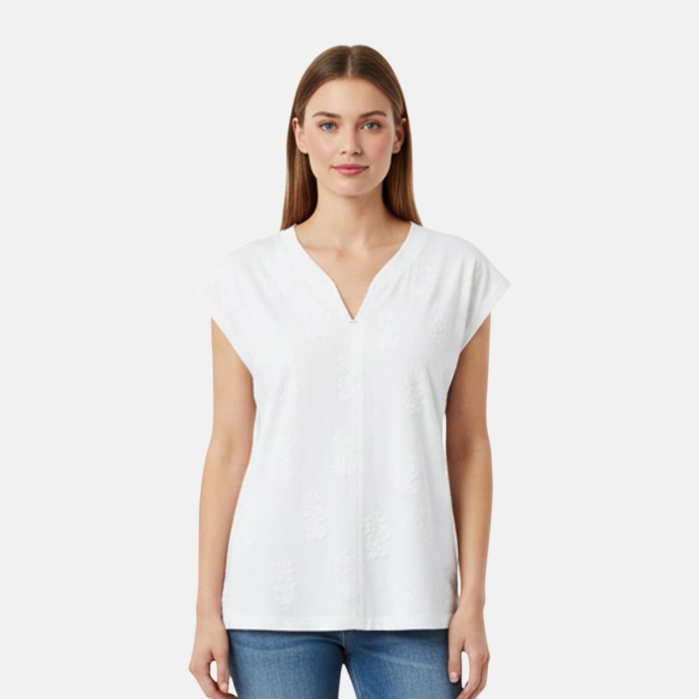 Charlotte West 100% Cotton Textured Knit V-Neck Embroidered Top (Size 16) - White_8229045