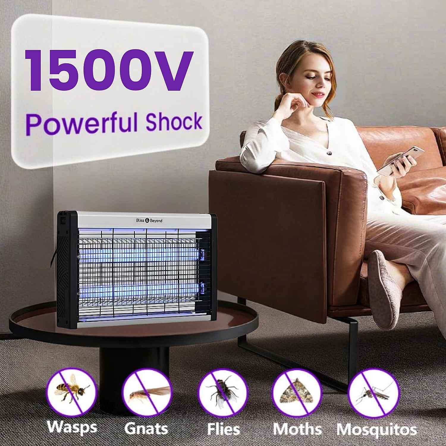 UV T8 Electric Mosquito Trap - 1500V Shock Grid, Black Light Glass Tube - UK Plug (37cm) - Black