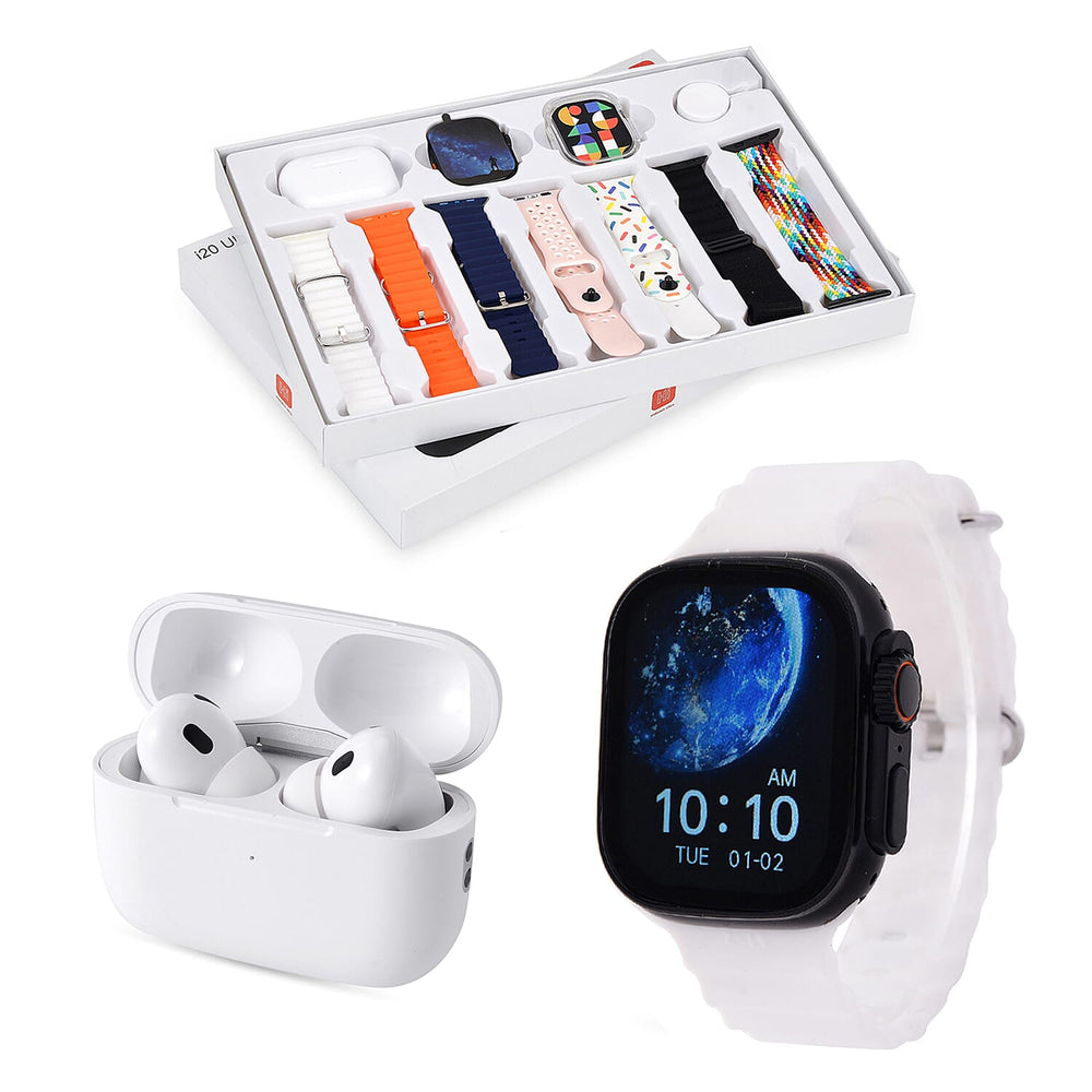 i20 Ultra 2 Max 10-in-1 Smartwatch Set with Earphones & 7 Straps - Black