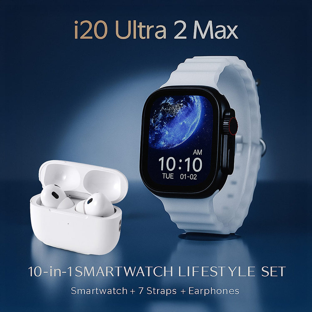 i20 Ultra 2 Max 10-in-1 Smartwatch Set with Earphones & 7 Straps - Black