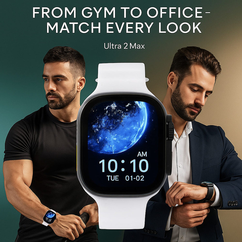 i20 Ultra 2 Max 10-in-1 Smartwatch Set with Earphones & 7 Straps - Black