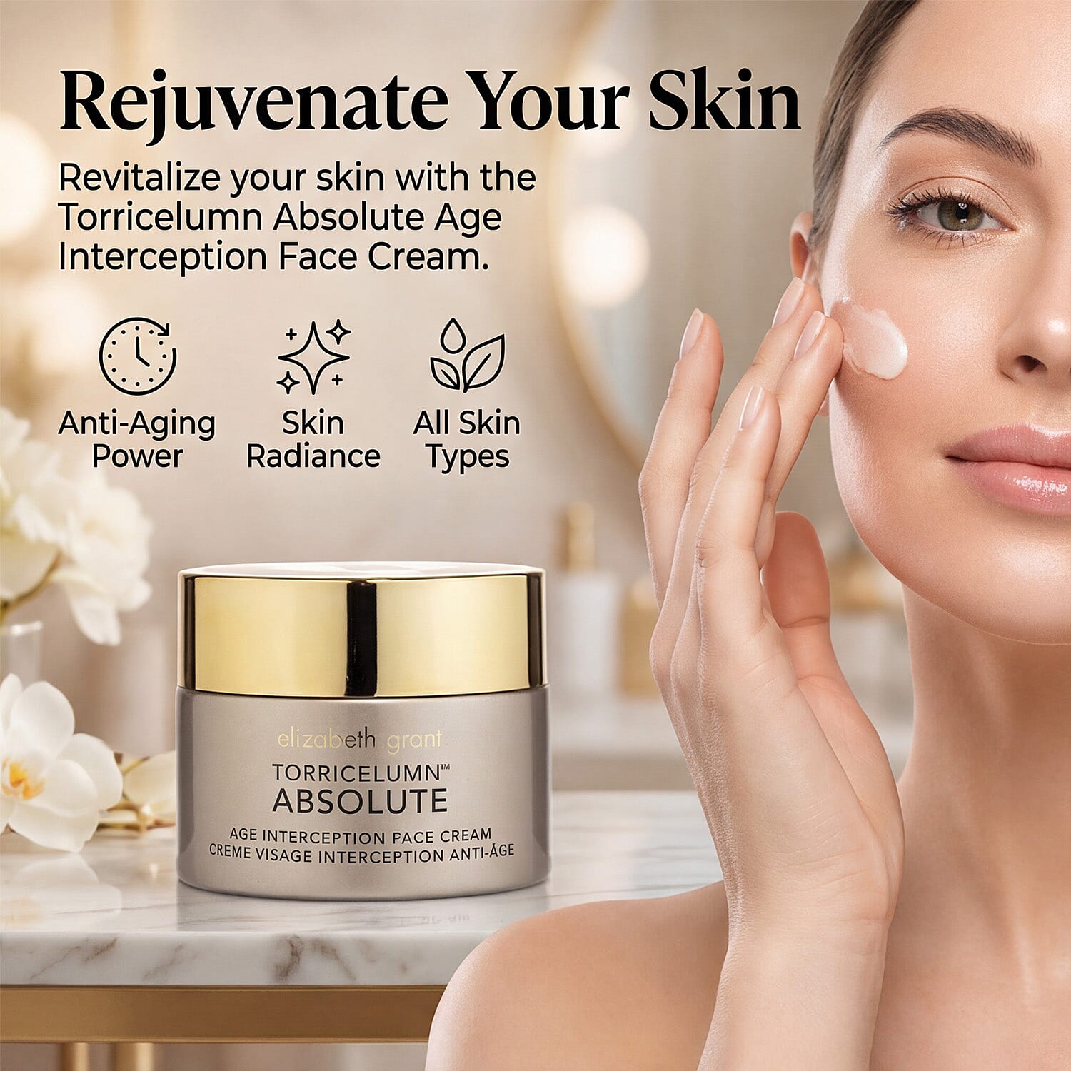 Elizabeth Grant Torricelumn Super Collection - Age Interception Face Cream 100 ml, Probiotic Eye Cream, 15 ml Tool Vibrating Head