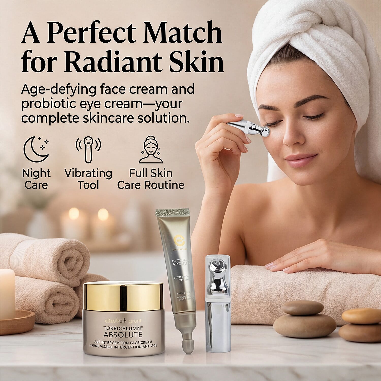 Elizabeth Grant Torricelumn Super Collection - Age Interception Face Cream 100 ml, Probiotic Eye Cream, 15 ml Tool Vibrating Head