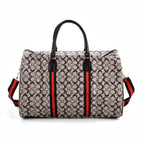 Monogram Pattern Travel Duffel Bag with Red Stripe Detail (50 x 30 cm) - Khaki_8233403