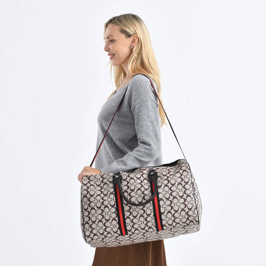 Monogram Pattern Travel Duffel Bag with Red Stripe Detail (50 x 30 cm) - Khaki_8233403_2
