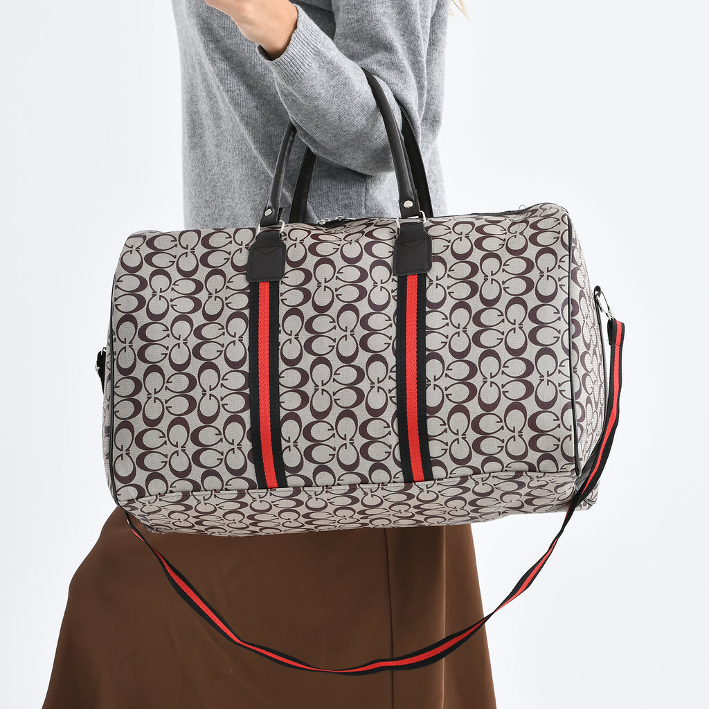 Monogram Pattern Travel Duffel Bag with Red Stripe Detail (50 x 30 cm) - Khaki_8233403_3