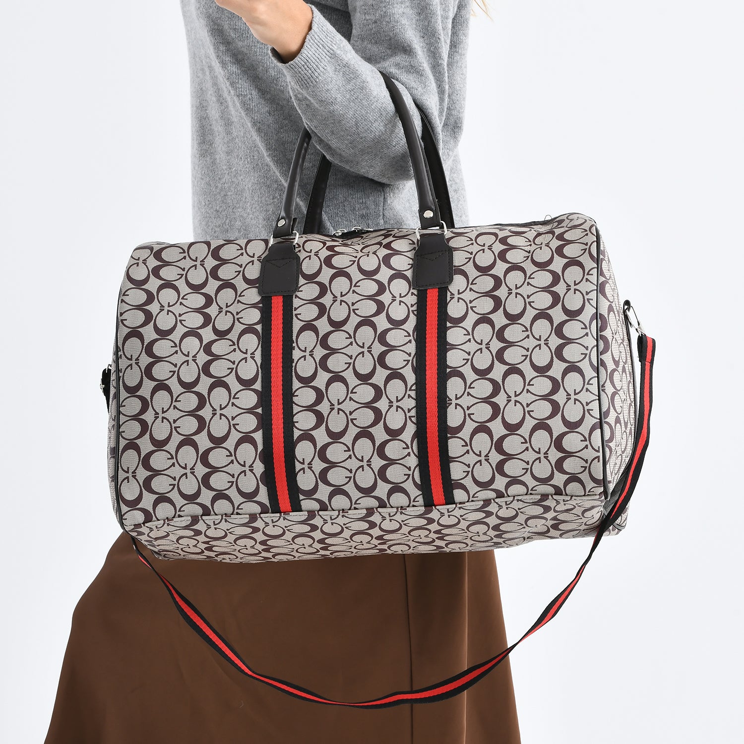Monogram Pattern Travel Duffel Bag with Red Stripe Detail (50 x 30 cm) - Khaki_8233403_3