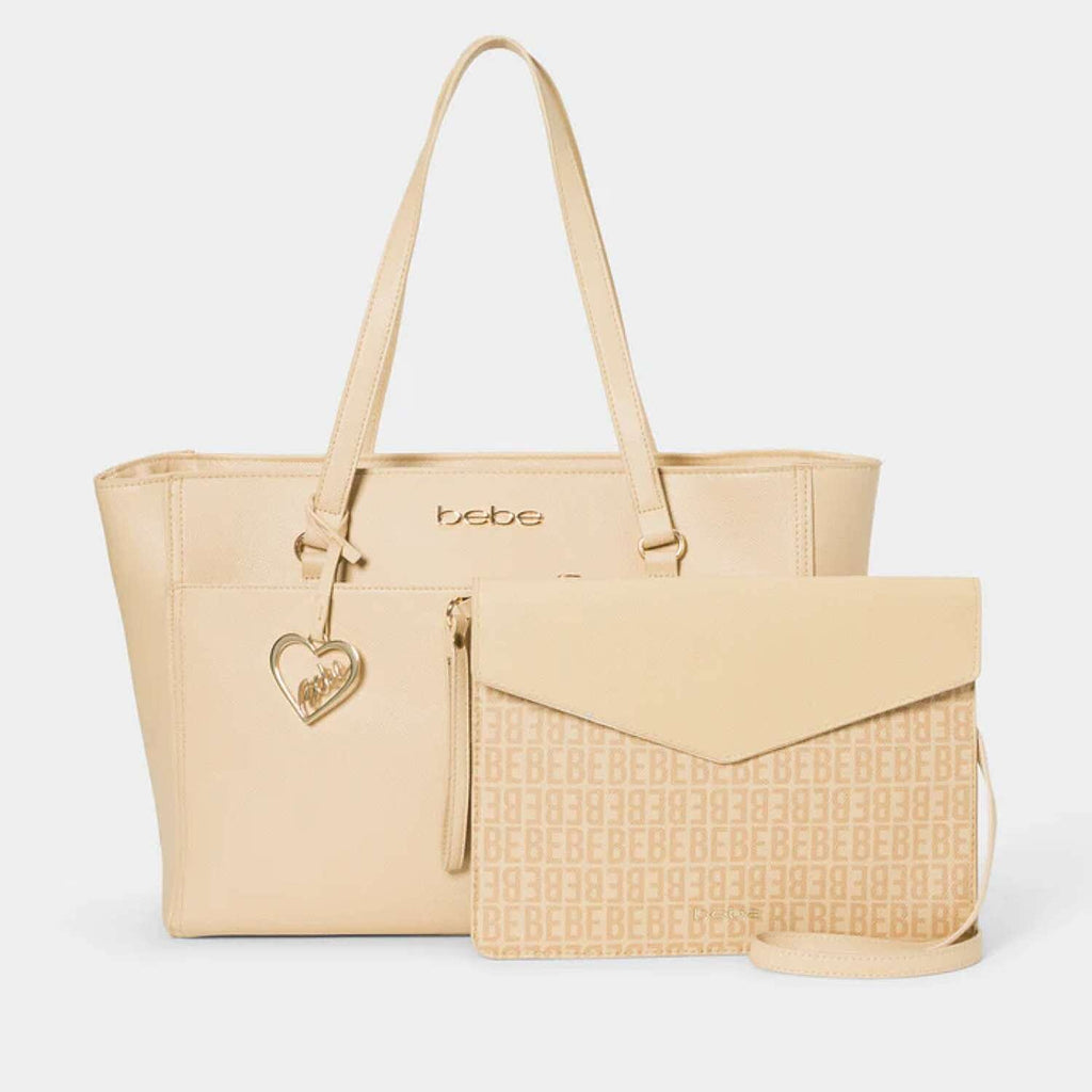 THE DESIGNER LAUNCH - BEBE Signature Tote - Clutch Set with Heart Charm - Beige