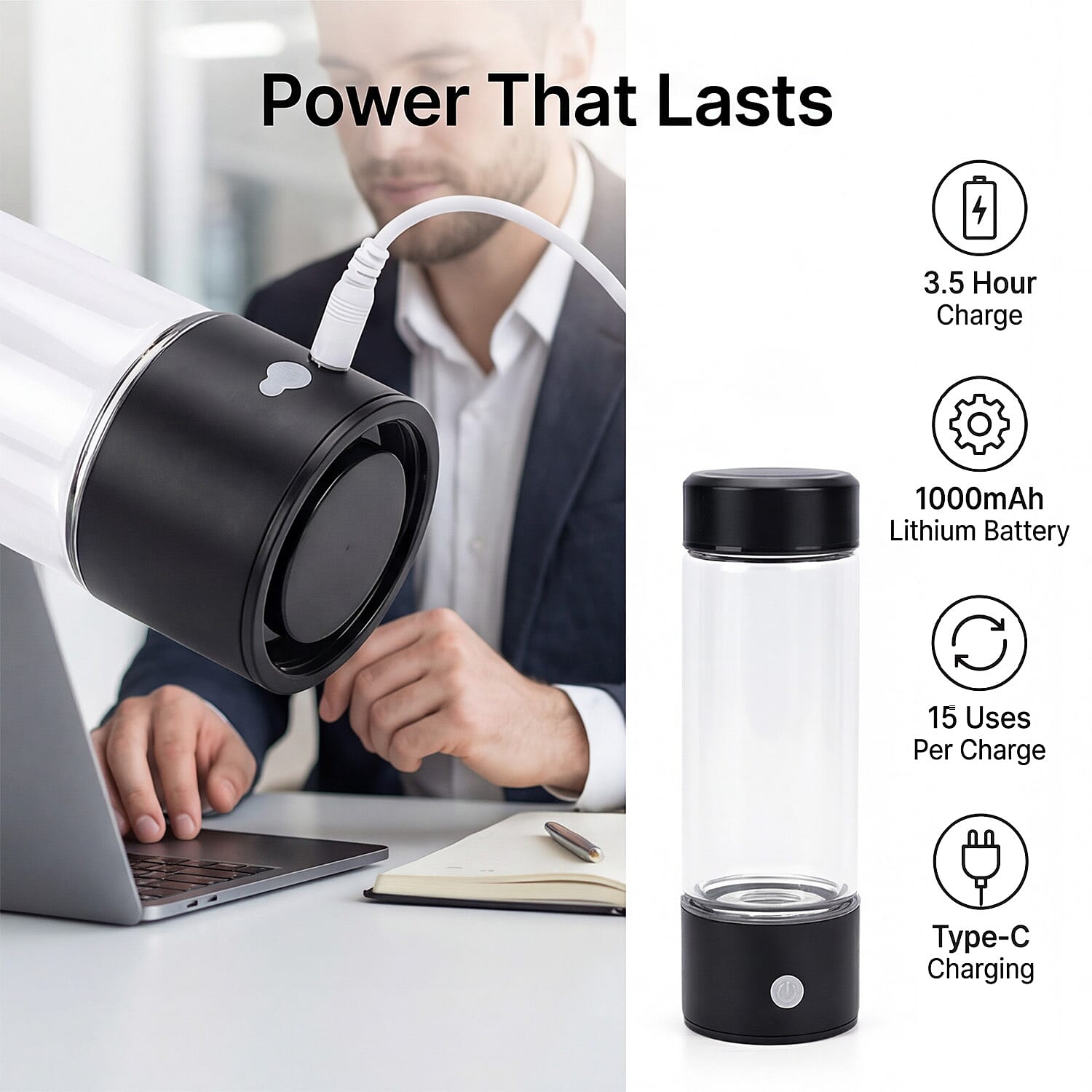 Bliss - Beyond Hydrogen-Rich Water Bottle - 420ml,Type-C Rechargeable - Silver