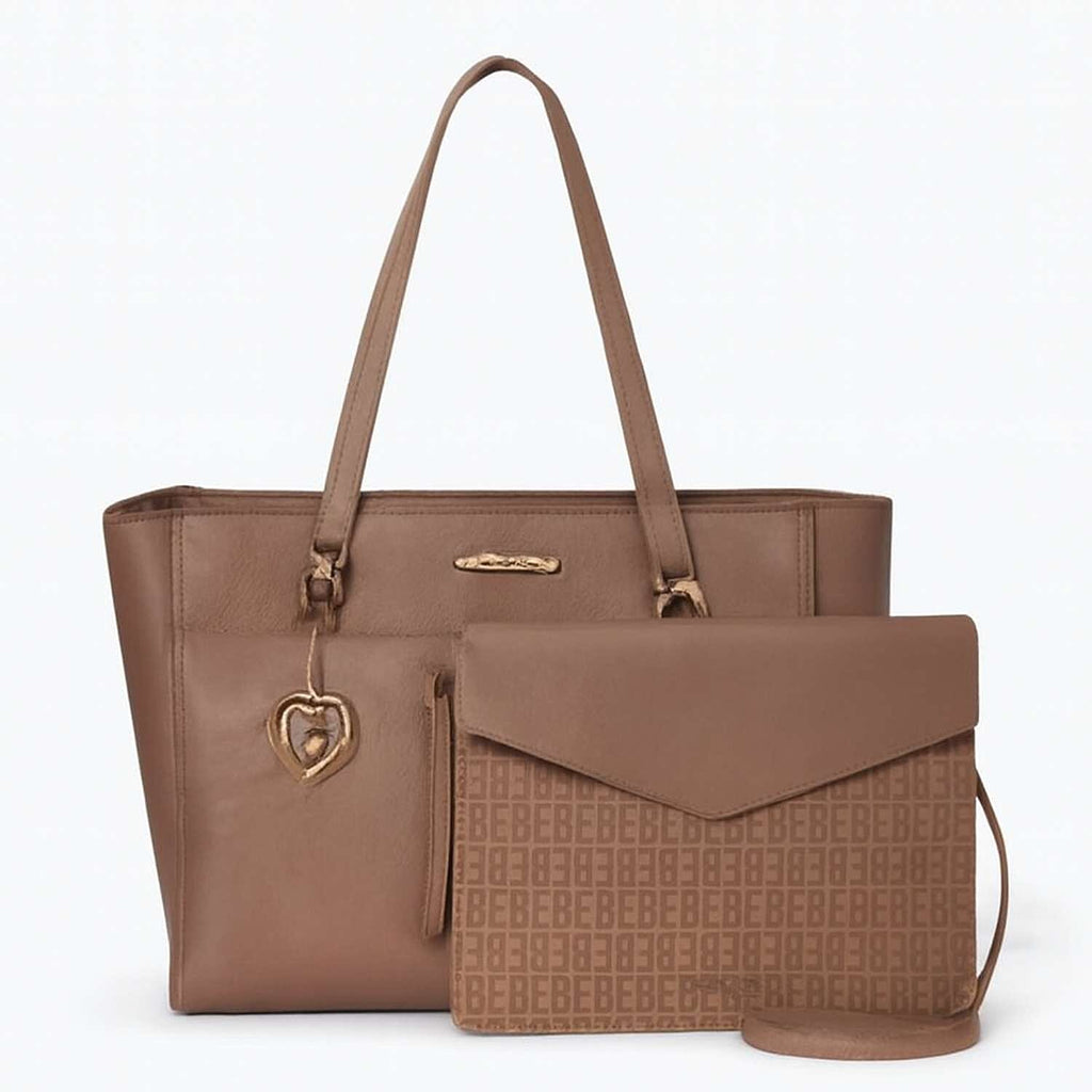 THE DESIGNER LAUNCH -- BEBE Signature Tote - Clutch Set with Heart Charm - Taupe