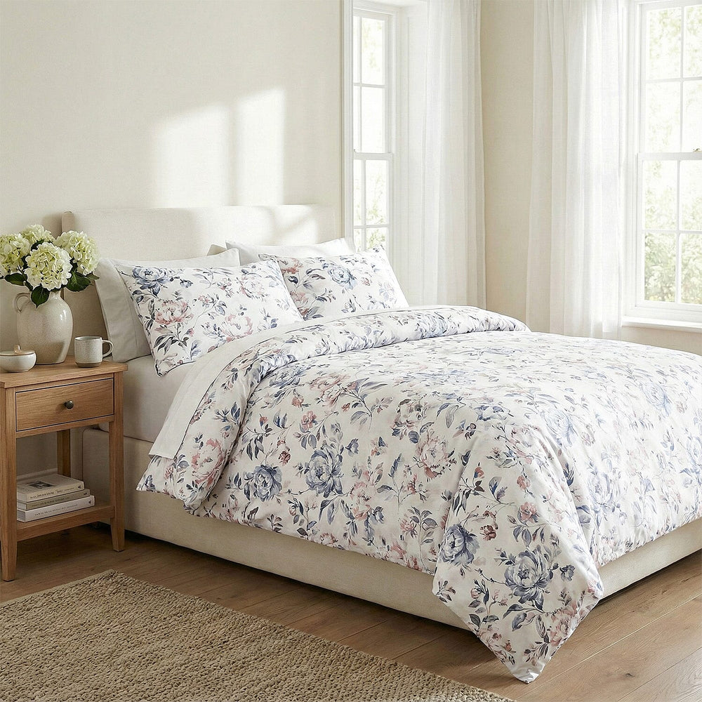 Pastel Floral Veins Print Duvet Cover Set With 2 Pillowcases & Fitted Sheet (Size King) - Pink