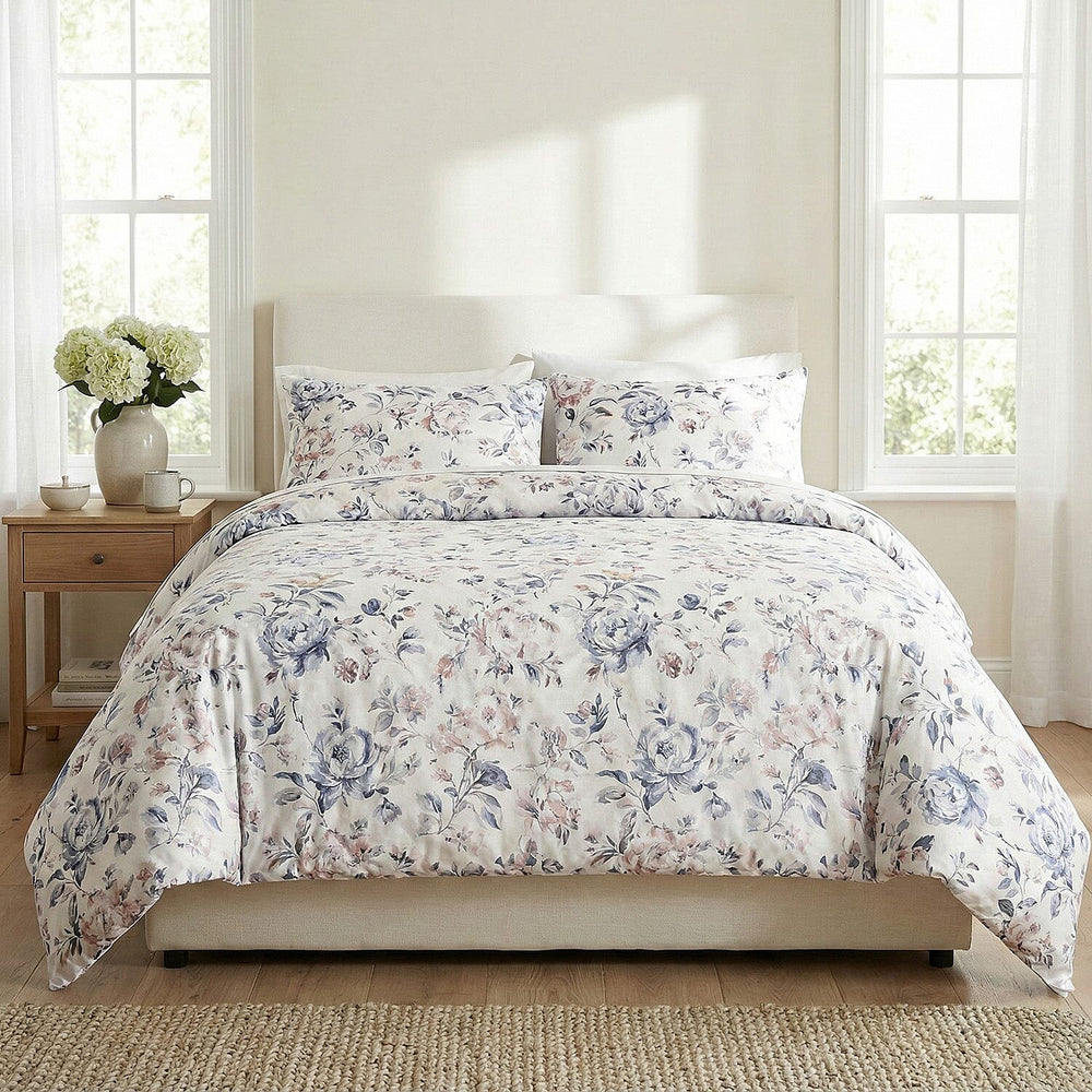 Pastel Floral Veins Print Duvet Cover Set With 2 Pillowcases & Fitted Sheet (Size King) - Pink