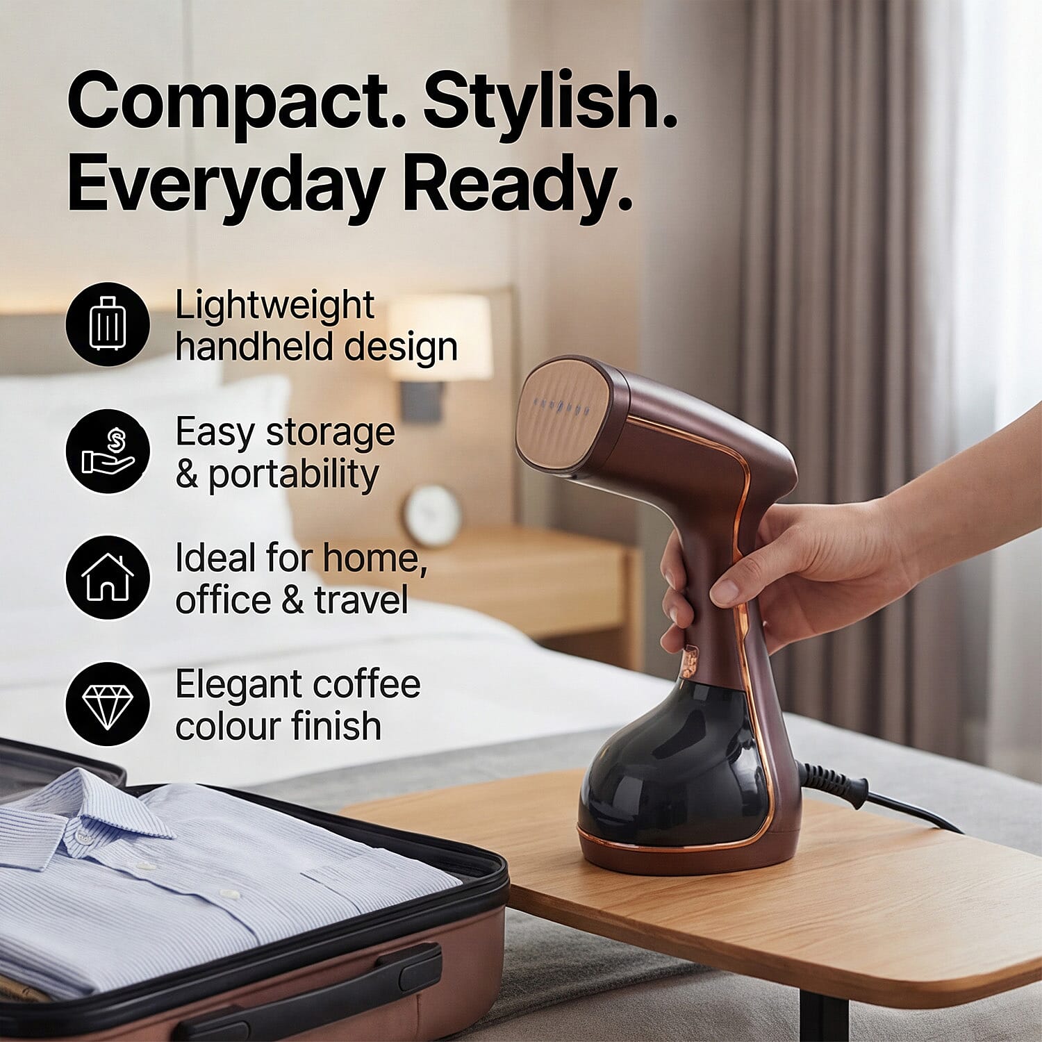 Bliss - Beyond Handheld Garment Steamer with 320ml Tank, Ceramic Plate - 3 Steam Levels (1780W) - Coffee