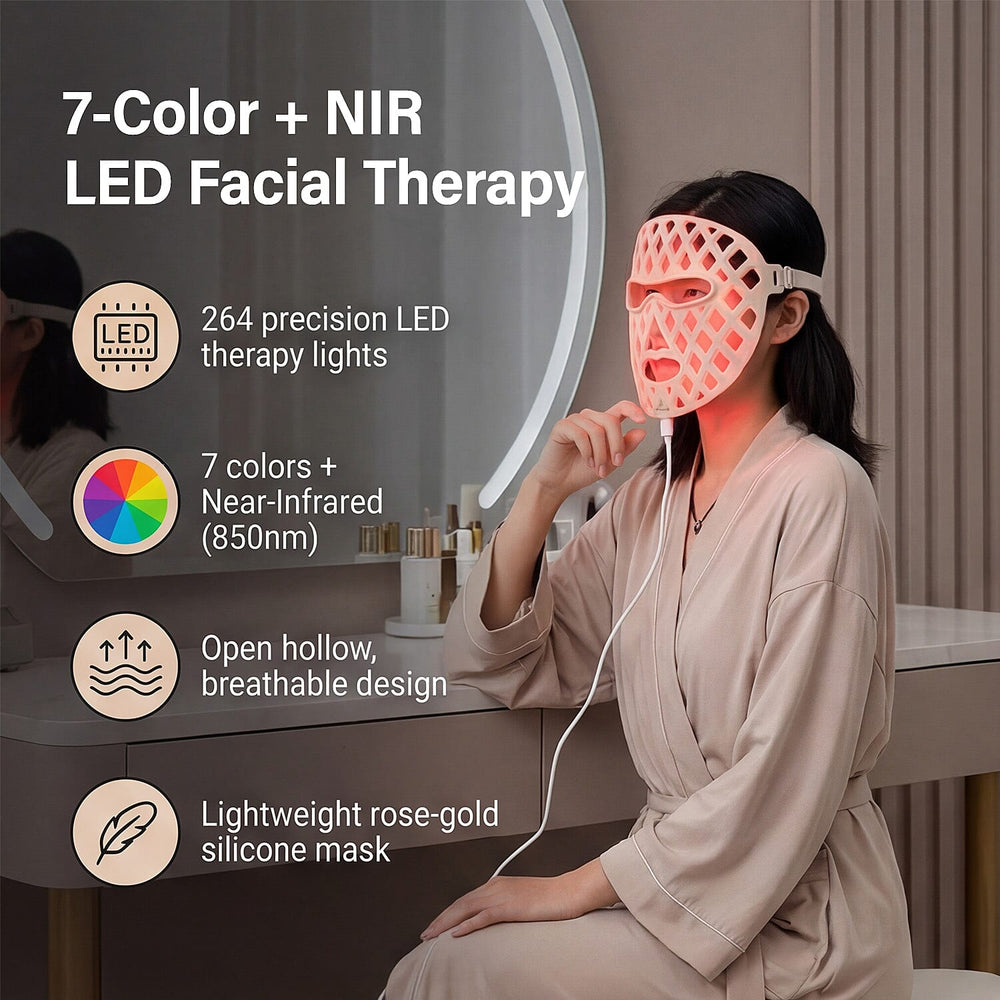 Beauluxe Super LED Facial Mask - 7 Color Pure Source Light Therapy - Near-Infrared (NIR) with 264 LED Therapy Lights - Lifetime Warranty