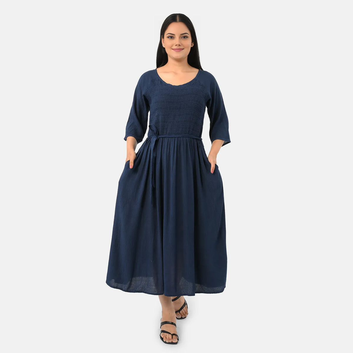 - Maisi Smocked Crepe Midi Dress With Waist Belt And Pockets (One Size) - Navy Blue