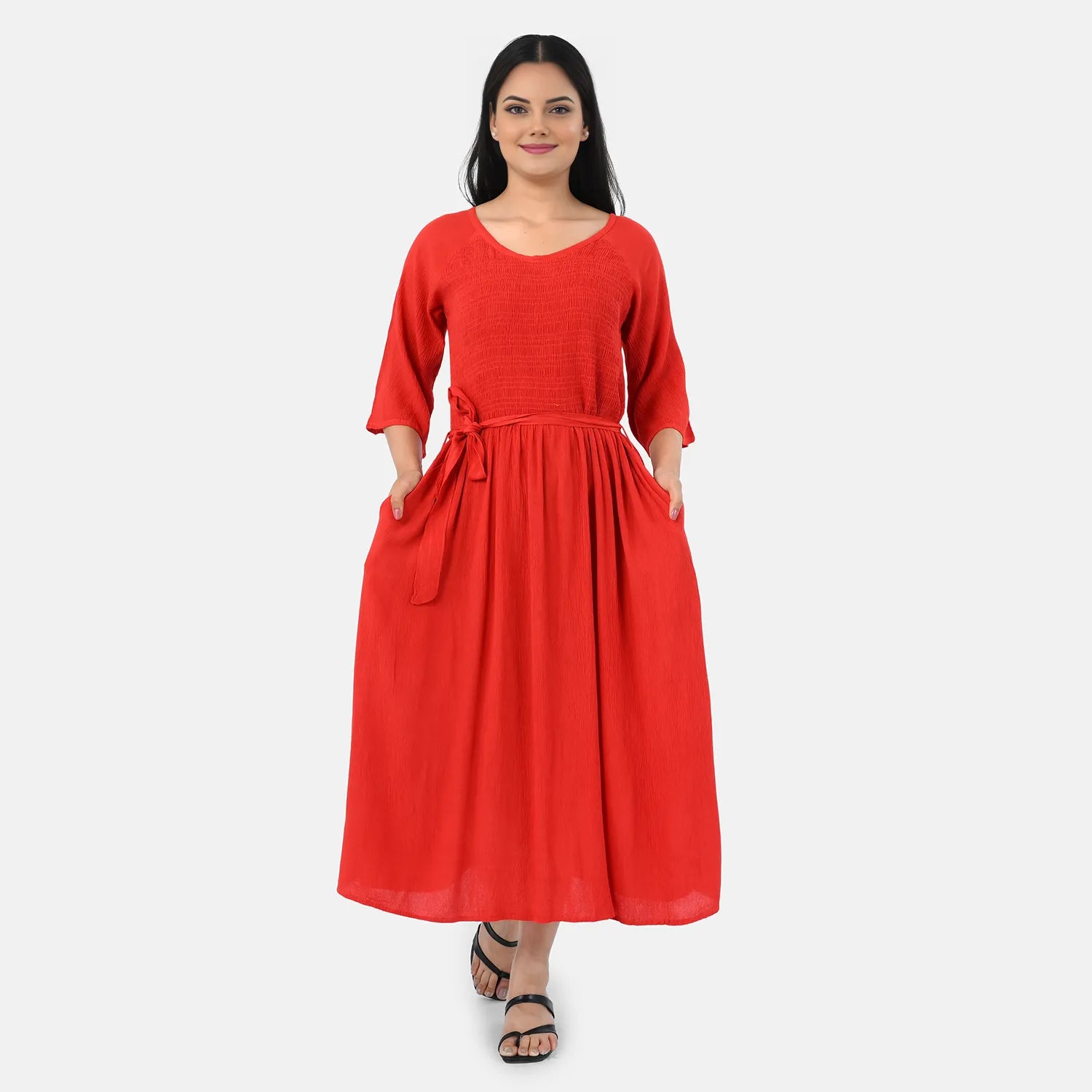 & Maisi Rayon Patterned Dress (Size - One Size) - Orange Red_8243898