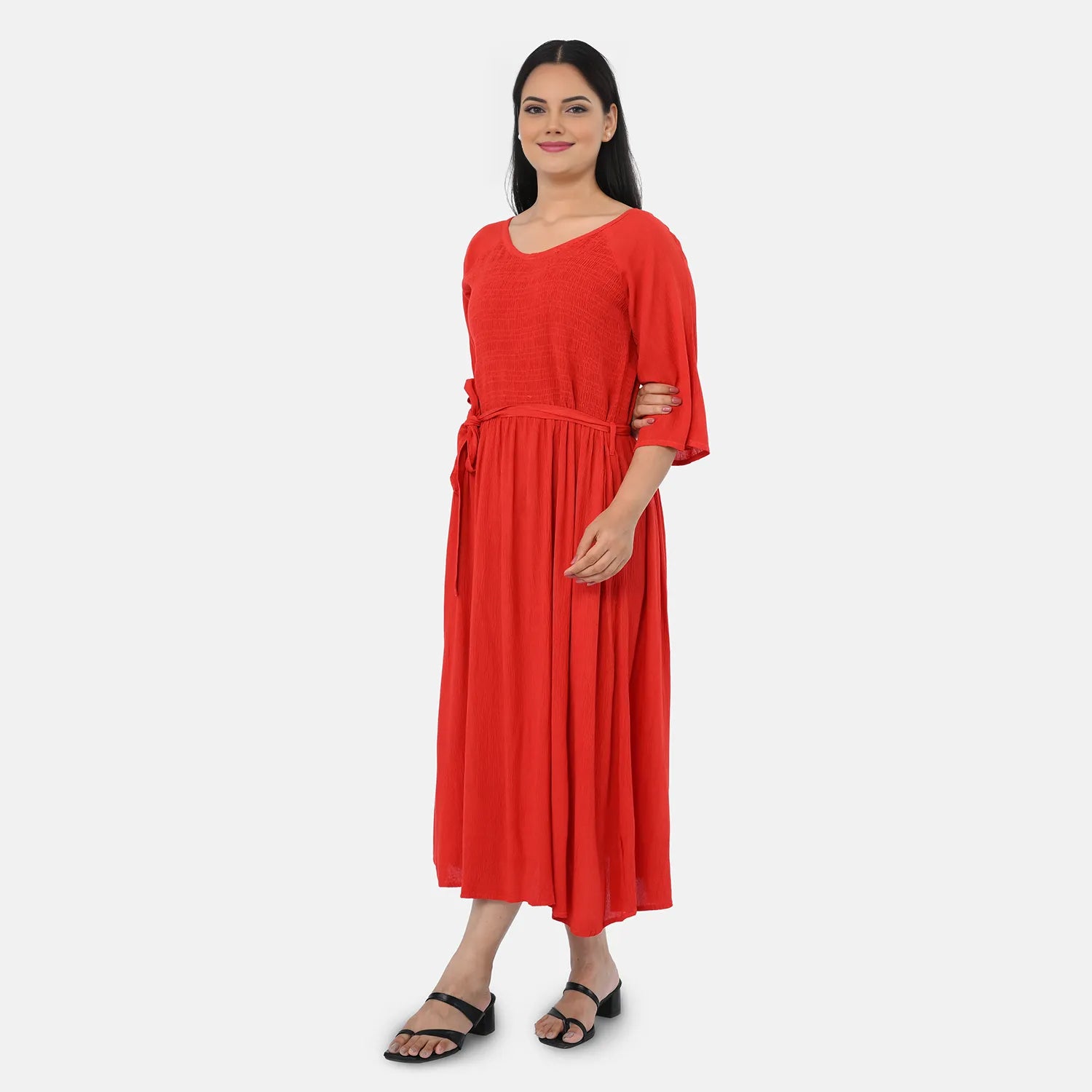 & Maisi Rayon Patterned Dress (Size - One Size) - Orange Red_8243898_1