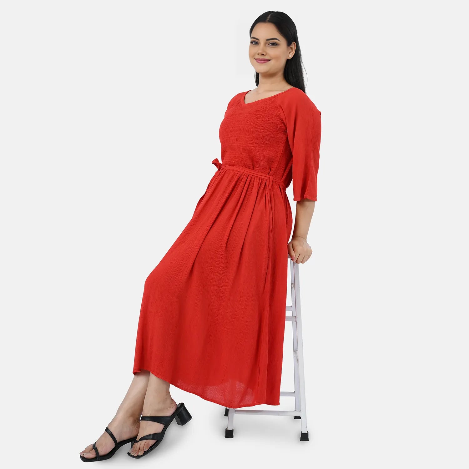 & Maisi Rayon Patterned Dress (Size - One Size) - Orange Red_8243898_3