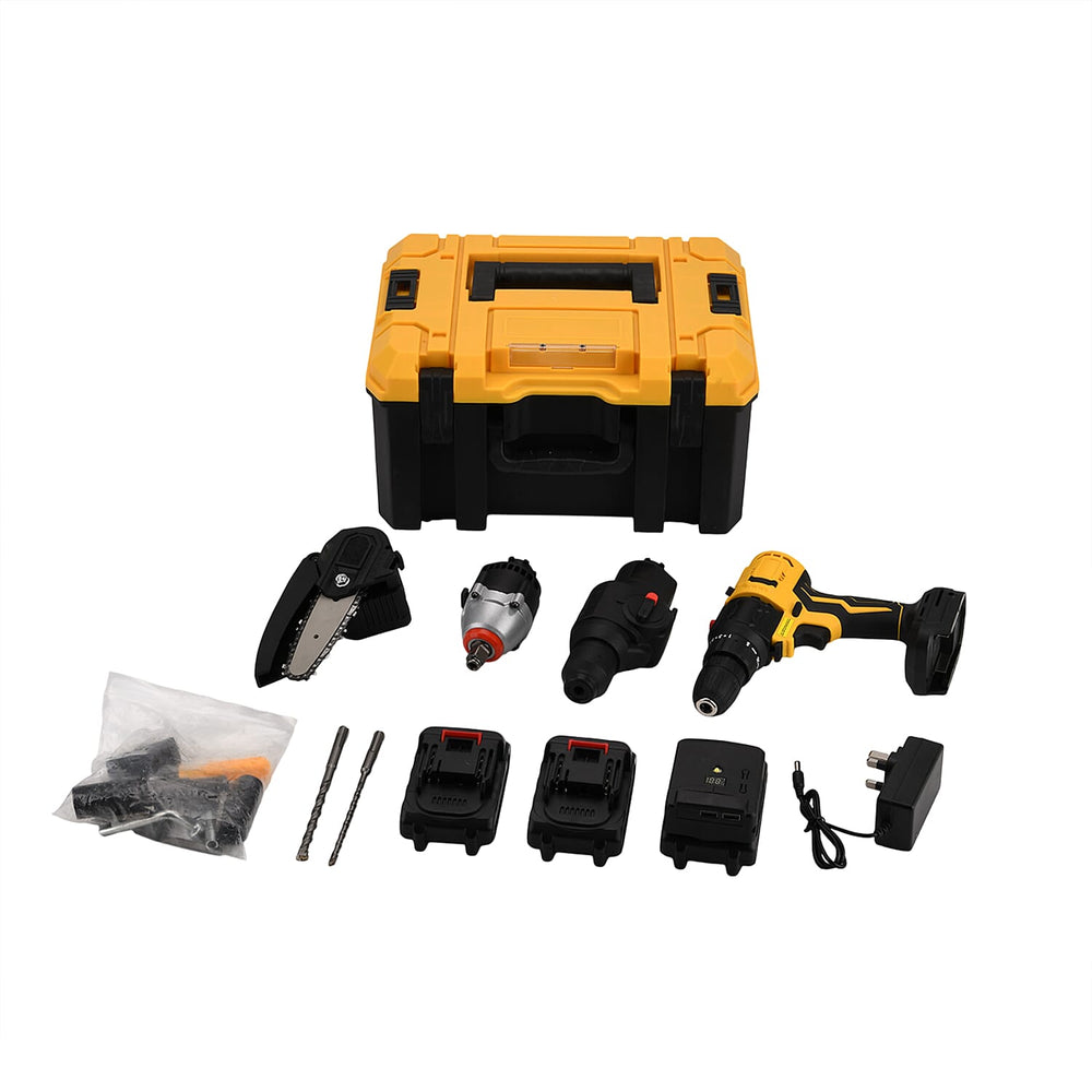 5- in-1 Cordless Brushless 21V Multi-Tool Kit - Screwdriver, Drill Hammer, Wrench - 4-inch Chainsaw with 2 Batteries