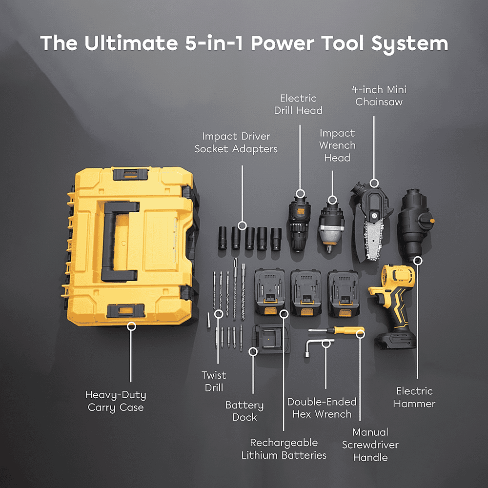 5- in-1 Cordless Brushless 21V Multi-Tool Kit - Screwdriver, Drill Hammer, Wrench - 4-inch Chainsaw with 2 Batteries
