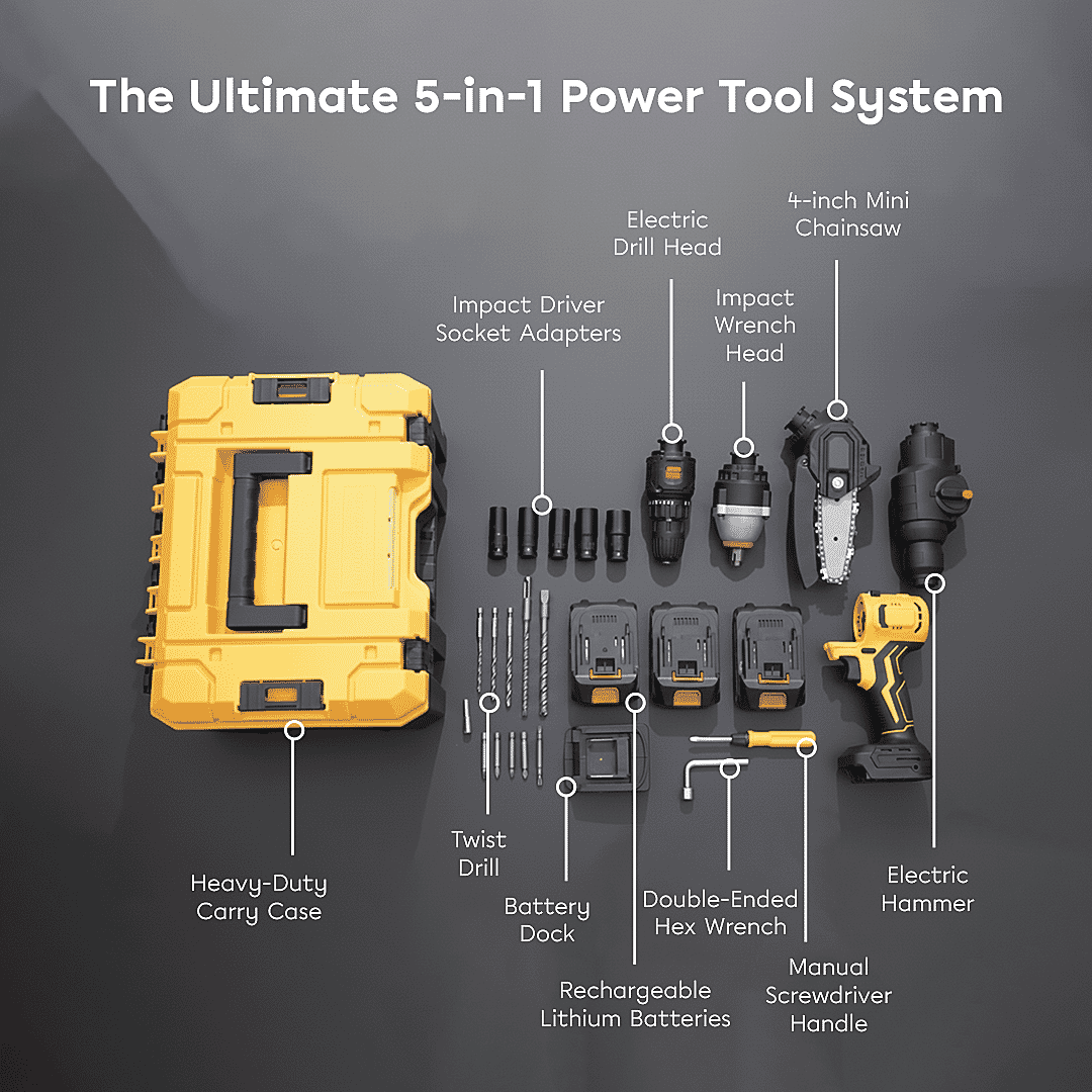 5- in-1 Cordless Brushless 21V Multi-Tool Kit - Screwdriver, Drill Hammer, Wrench - 4-inch Chainsaw with 2 Batteries