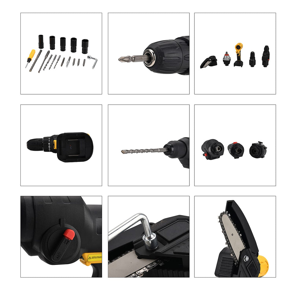 5- in-1 Cordless Brushless 21V Multi-Tool Kit - Screwdriver, Drill Hammer, Wrench - 4-inch Chainsaw with 2 Batteries