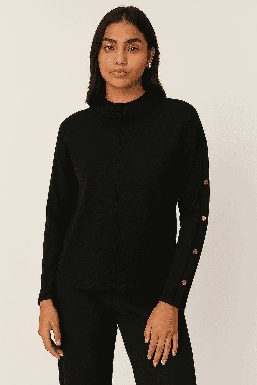 Anamor Gold Button Trim Sleeve Supersoft Jumper (Size L) - Black